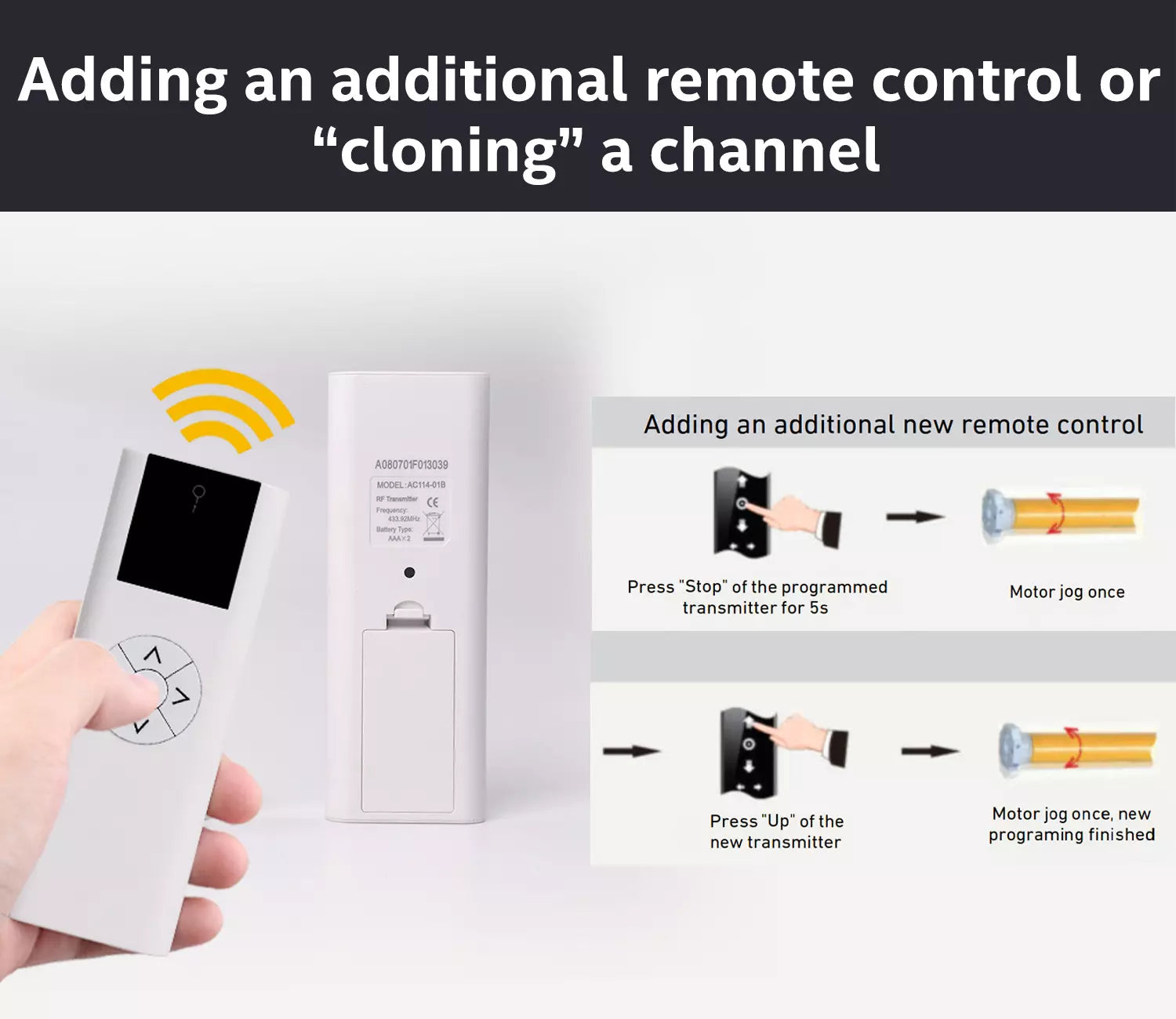 AC114-01 RF 433.92 Wireless Control, 1 Channel Blinds Controller for Motorized Roller Shades and Blinds