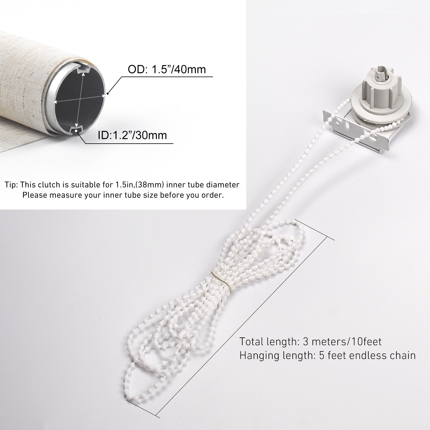 Roller Blind Clutch with Metal Bracket & Bead Chain, Roller Shade Clutch, End Plug for 1 1/2" (38mm)