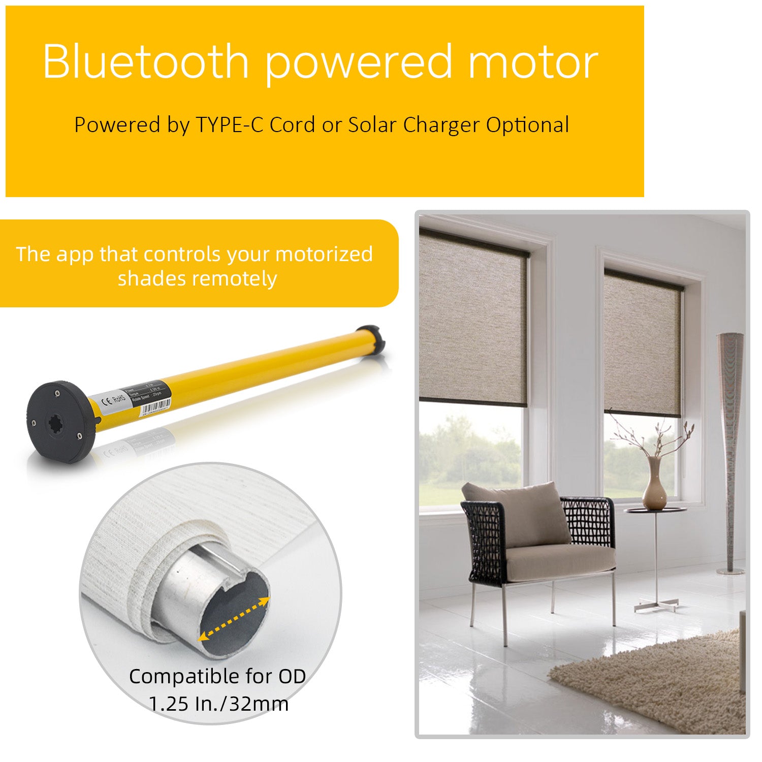 AM22 Bluetooth Smart Blinds Motor 1-1/4" (32mm) Shade Tube, Rechargeable.