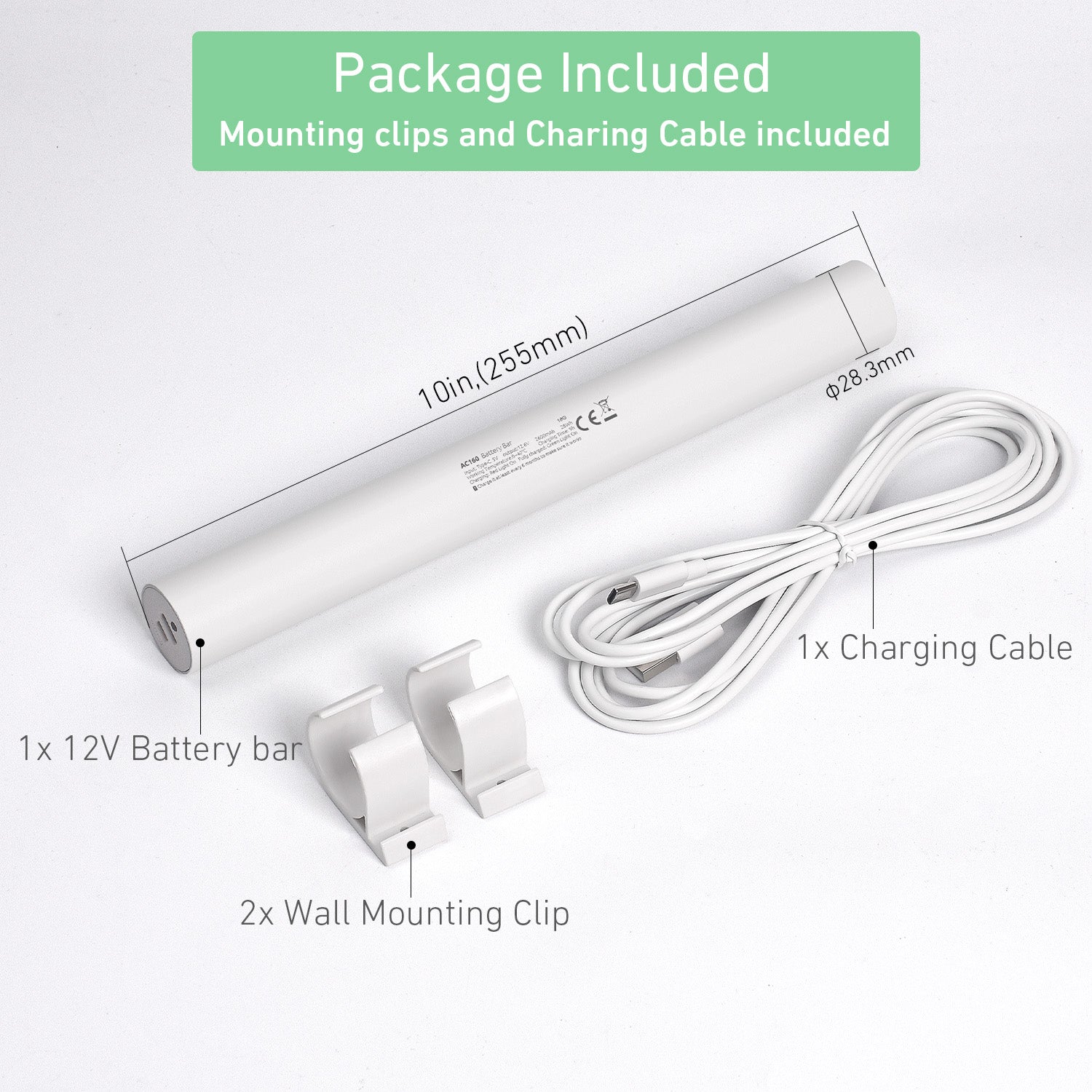 12.6V Lithium Ion Rechargeable Pack Wand - Power and Charge Blinds, Shades Curtains - 2600mAh, Output 5V 1A,  Easy to Install - Includes Wall Mounting Clips,Type-C Cable