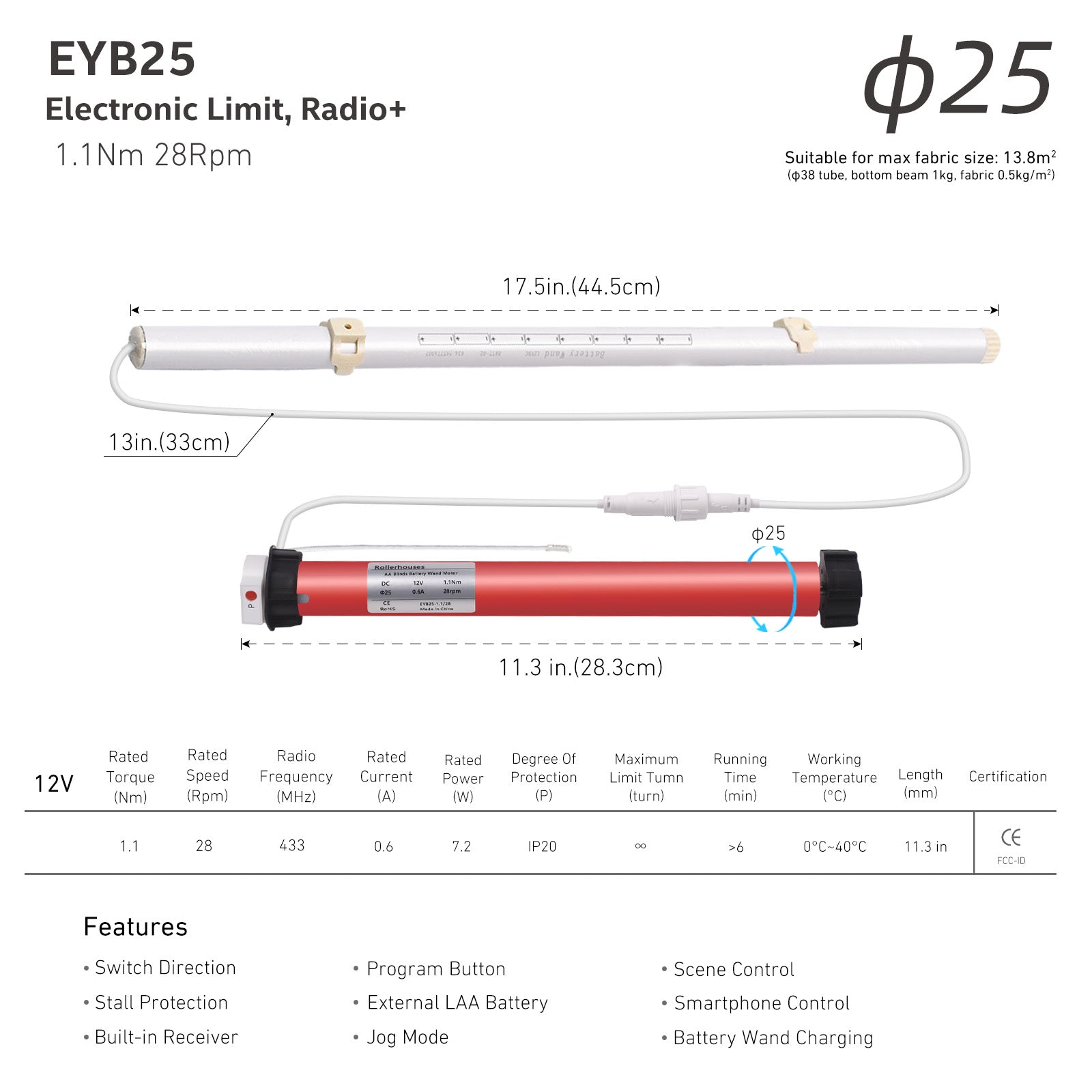 EYB25 12V DC Volt AA Reloadable Tube/Wand Battery Powered Roller Shade Motor with Remote Control for Motorized Shades - Power Blinds & Shades.