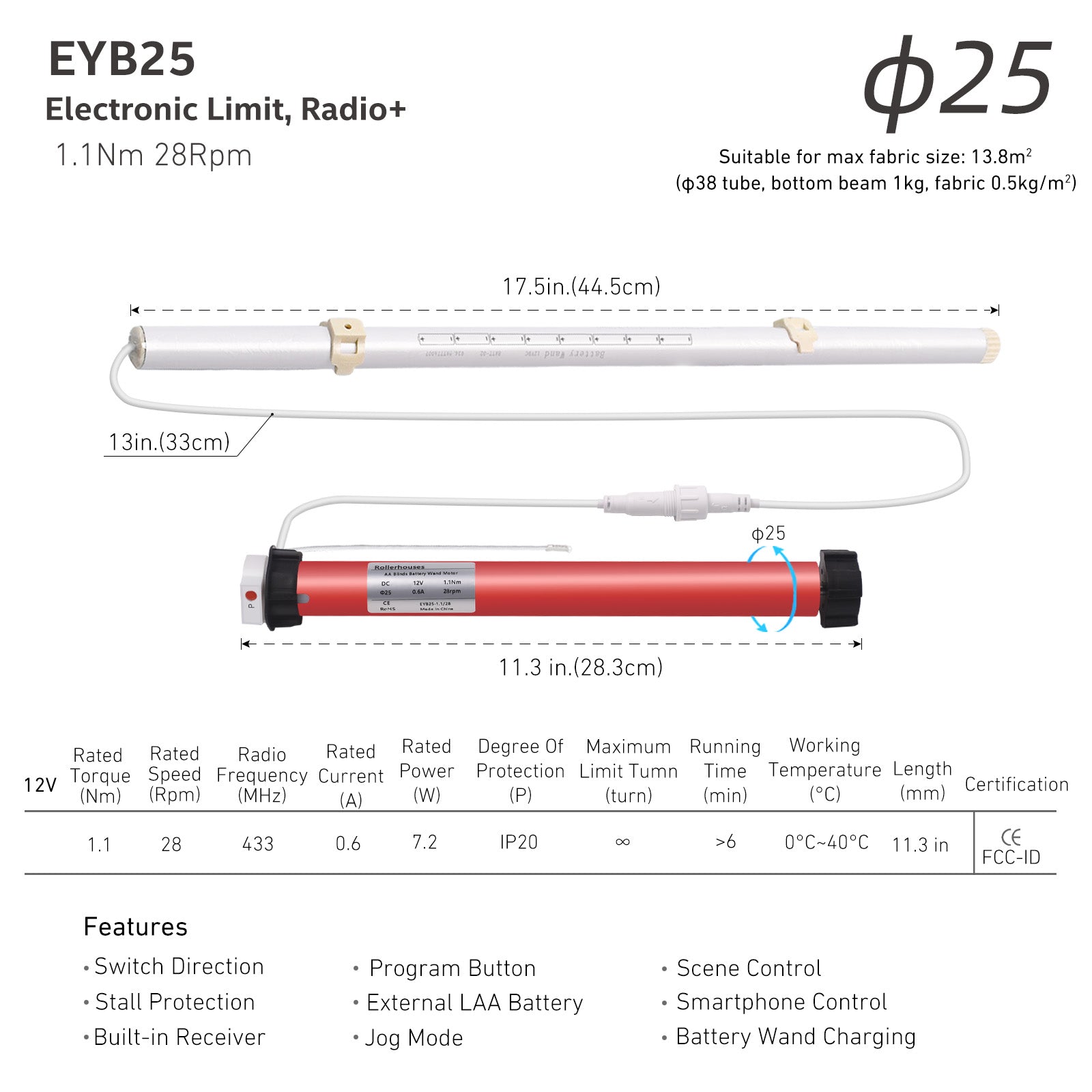 EYB25 12V DC Volt AA Reloadable Tube/Wand Battery Powered Roller Shade Motor with Remote Control for Motorized Shades - Power Blinds & Shades.