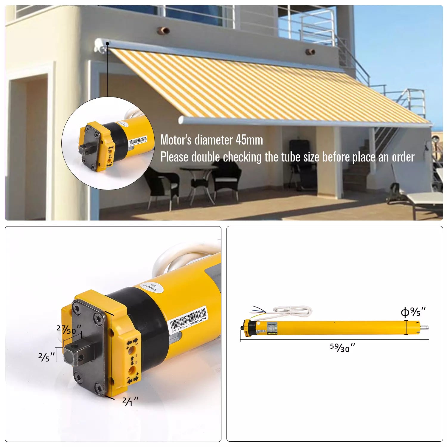 AM45-50/12-XP Electric Awning Motors Kit, Retractable Tubular Motor Built in Receiver and Limit Switch for Motorised Retractable Awnings Shades——Waterproof & UL Approved